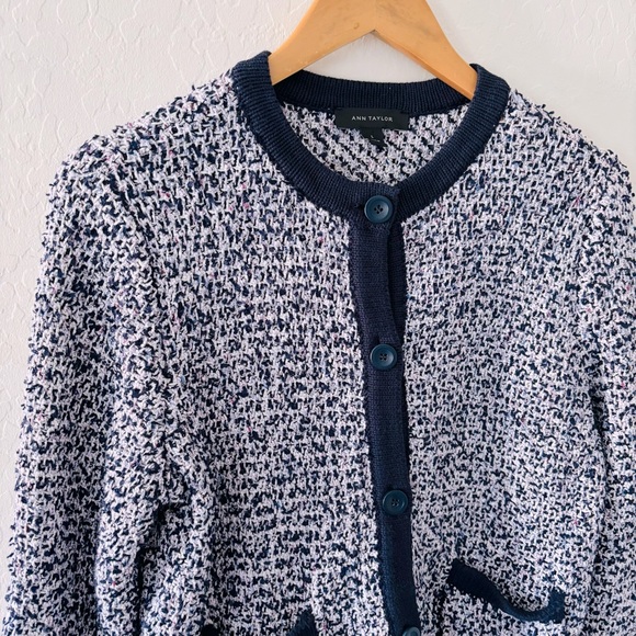 Ann Taylor Purple Navy Button Up Tweed Cardigan Jacket Large Formal Business Top - Picture 2 of 7